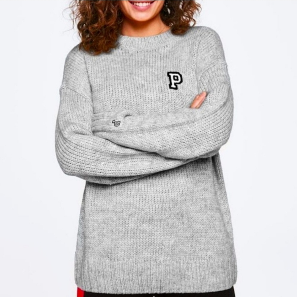 Victoria's Secret Pink‎ Gray Crewneck Varsity Logo Pullover Womens Sweater XS